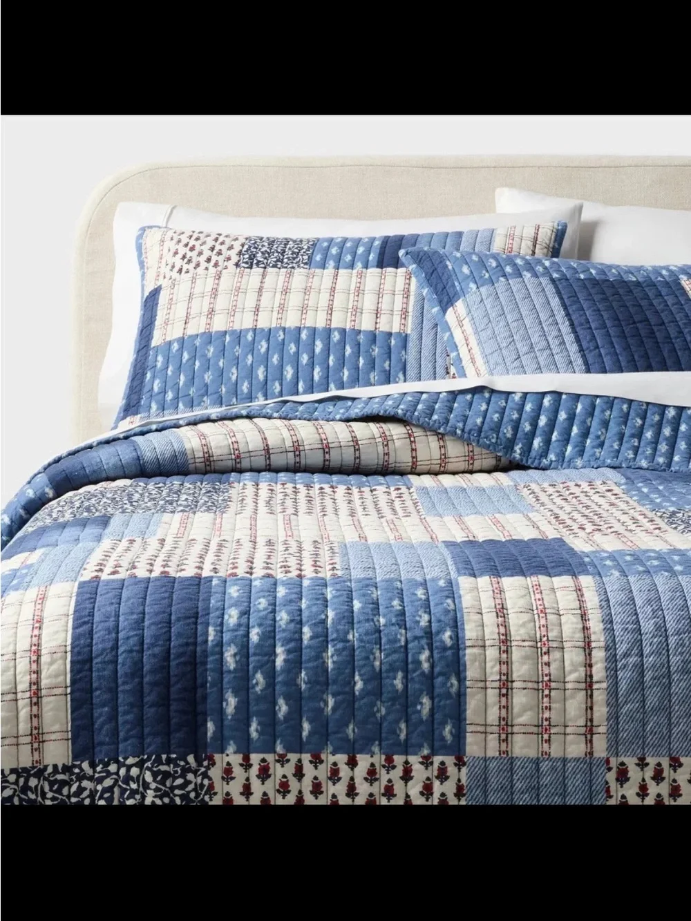 Full/Queen Patchwork Quilt Set Blue/Dark Blue/Natural - Threshold